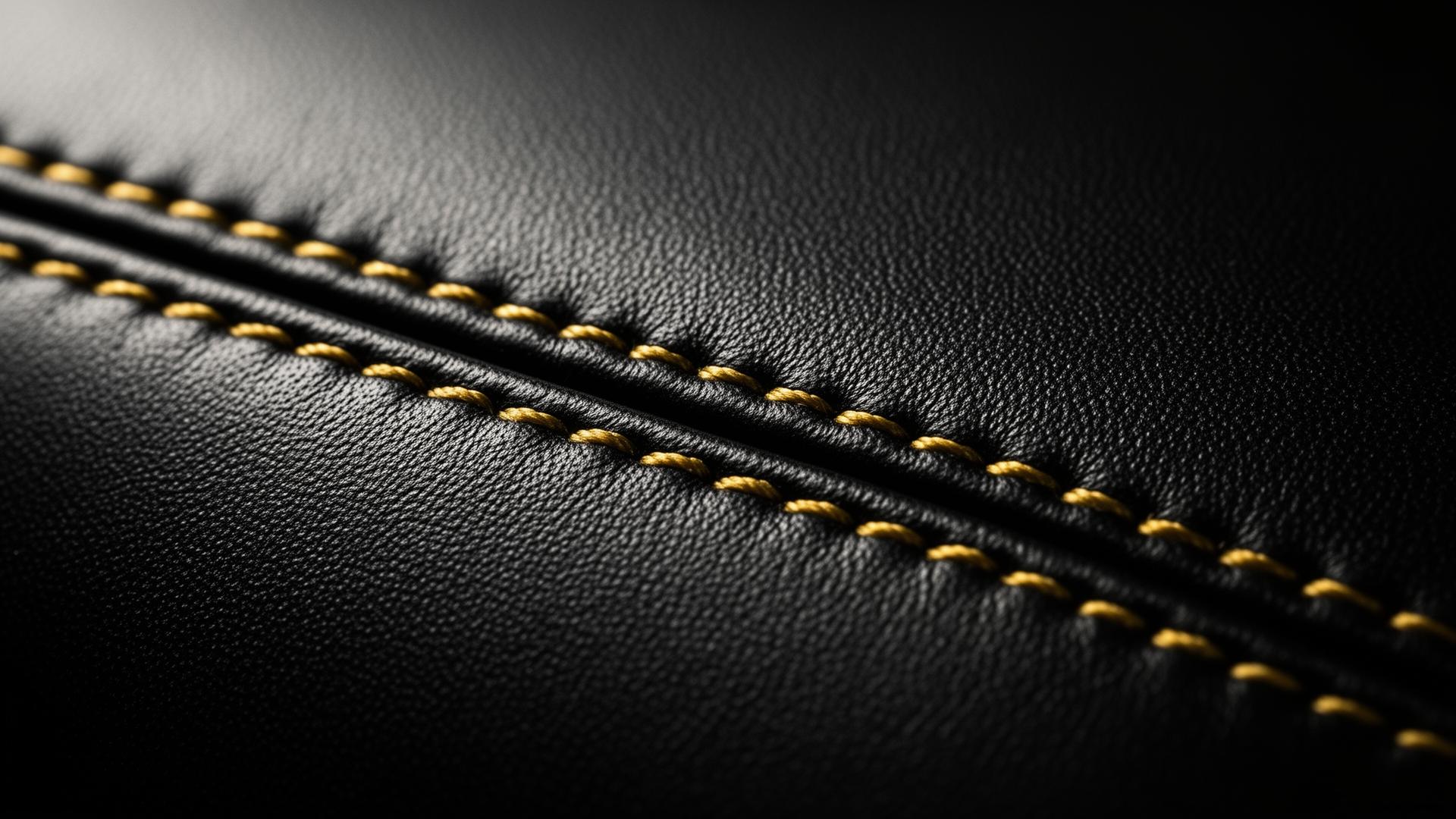 Macro of black calfskin and gold stitching